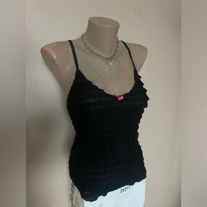 Y2k Muni $ Huni Black Mesh Cami with Ruffles & Hot Pink Bow